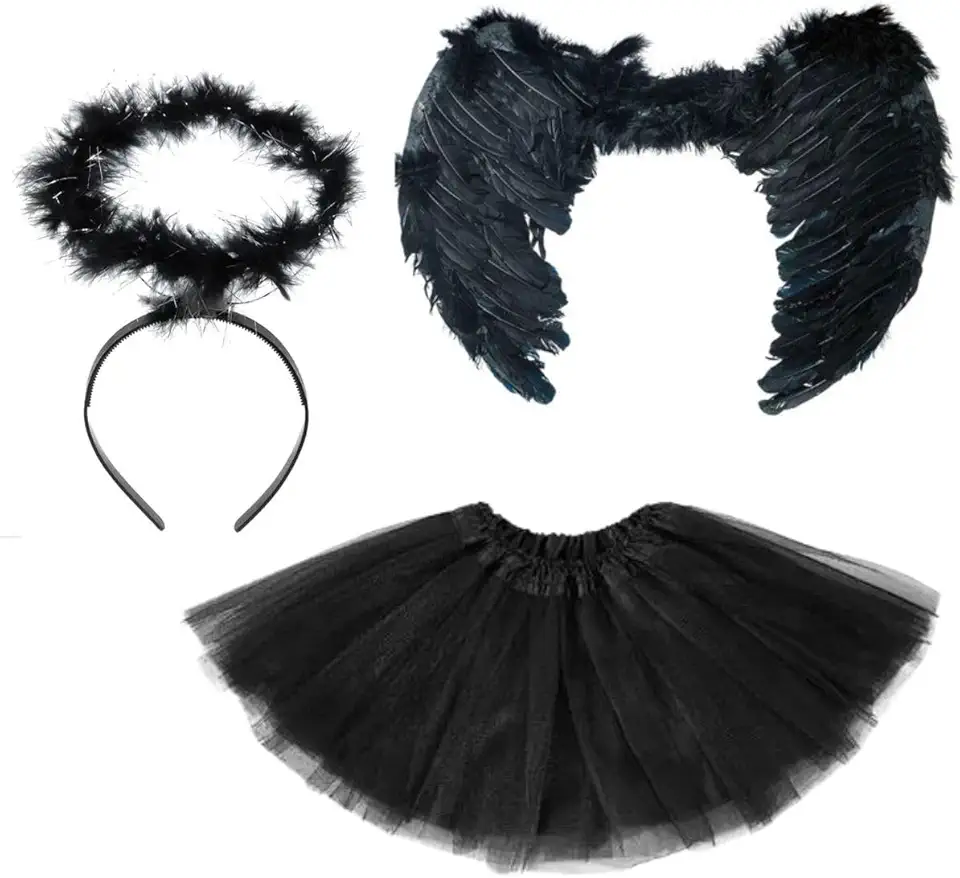 Kit Fantasia Anjo Preto Completo Festa Cosplay Carnaval Halloween Tiara Auréola / Asa / Saia