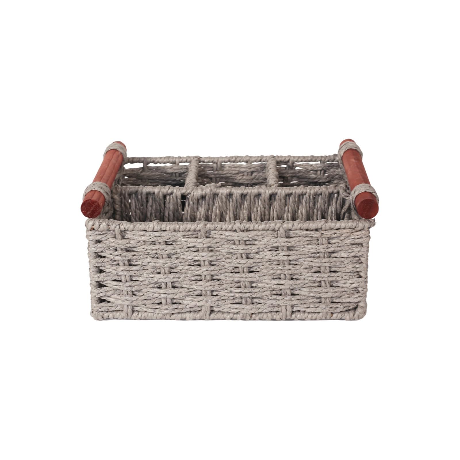 Tfaoys Grey Large Handwoven Paper Storage Basket Desk Organizer With Wooden Handle For Home Organization And Decoration Interlaced Storage Basket Practical Large Capacity Bin Woven Paper Container