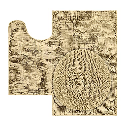 MAYSHINE Bathroom Rug Toilet Sets and Toilet Lid Cover, Extra Soft and Absorbent Water Microfiber Mat, Beige 32" x 20"/20" x 20" U-Shaped + 18" x 21" Standard Toilet Lid Cover, 2 Item Bundle