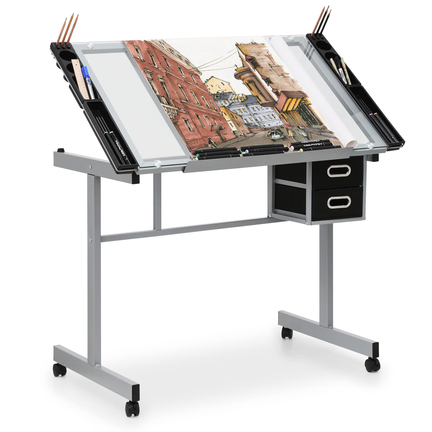 Magshion Adjustable Drafting Table with 65° Tilting Glass Top – Portable Art Desk with 2 Storage Drawers, 4 Tool Trays & Lockable Rolling Casters for Artists, Designers, & Students (Clear)