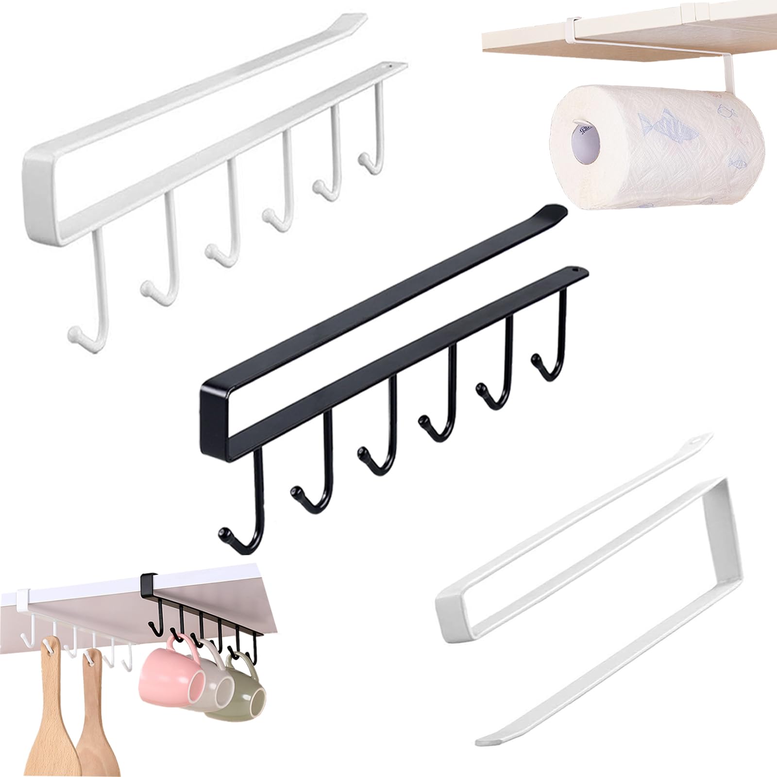 mengger Colgador tazas cocina soporte vasos para colgar ganchos Debajo del gabinete 2 Piezas x 6 Ganchos para Taza de café para Cocina,1 Piezas Portarrollos Soporte Porta Rollo Papel