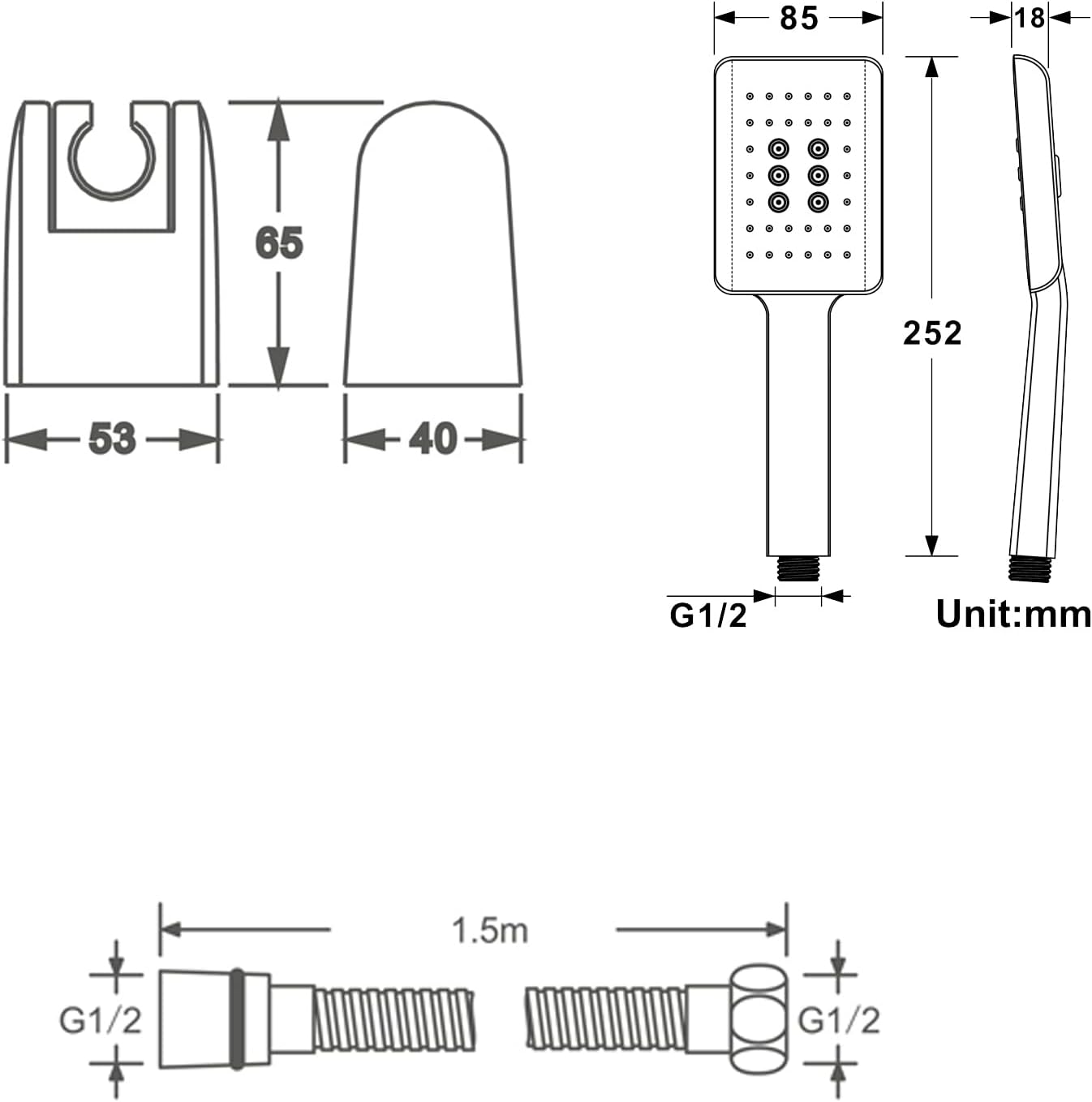 3 Spray Settings Handheld Shower Head Set, High Pressure Black ABS Hand Held Showerhead Kit with 59 Inch PVC Shower Hose and ABS Bracket