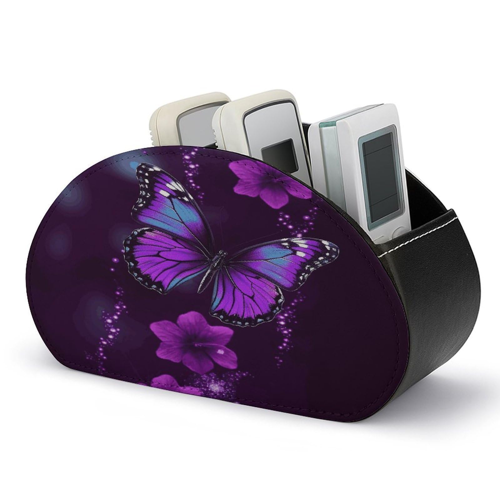 FekiLoot Purple Butterfly Remote Control Holder, PU Leather Remote Control Organizer Box Stationery Remote Control Box Desk Storage Organizer for DVDs,Glasses,Pens,Media Players