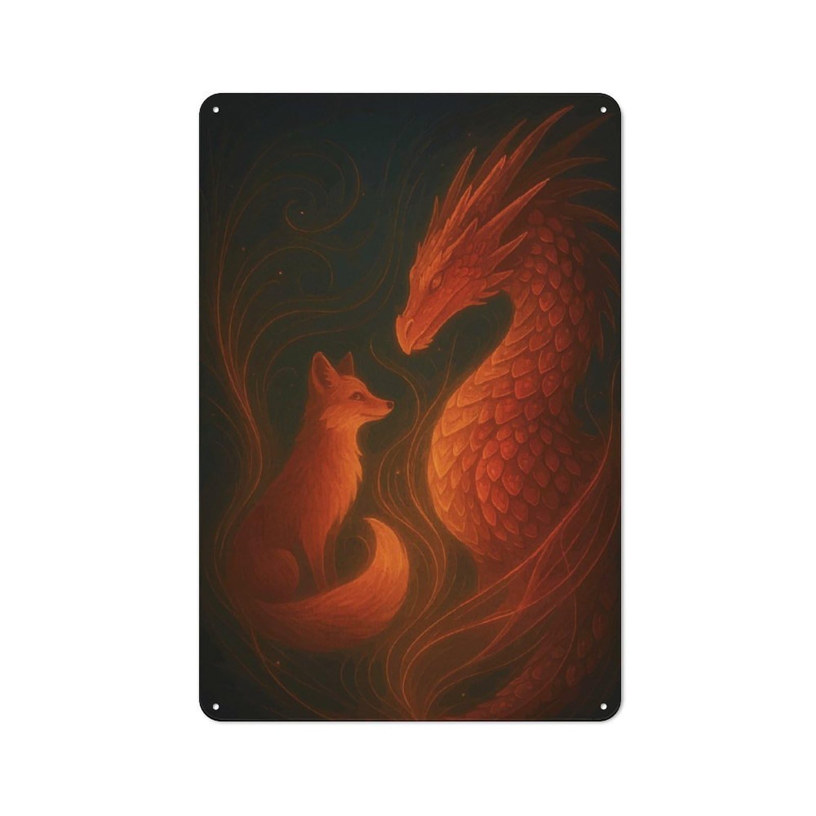 Junmoney Style-19 Fox And Dragon In Warm Light Tin Wall Plaque 30X20cm, Rustic Cottage Wall Art For Dining Room, Cafe, Entryway Or Family Room