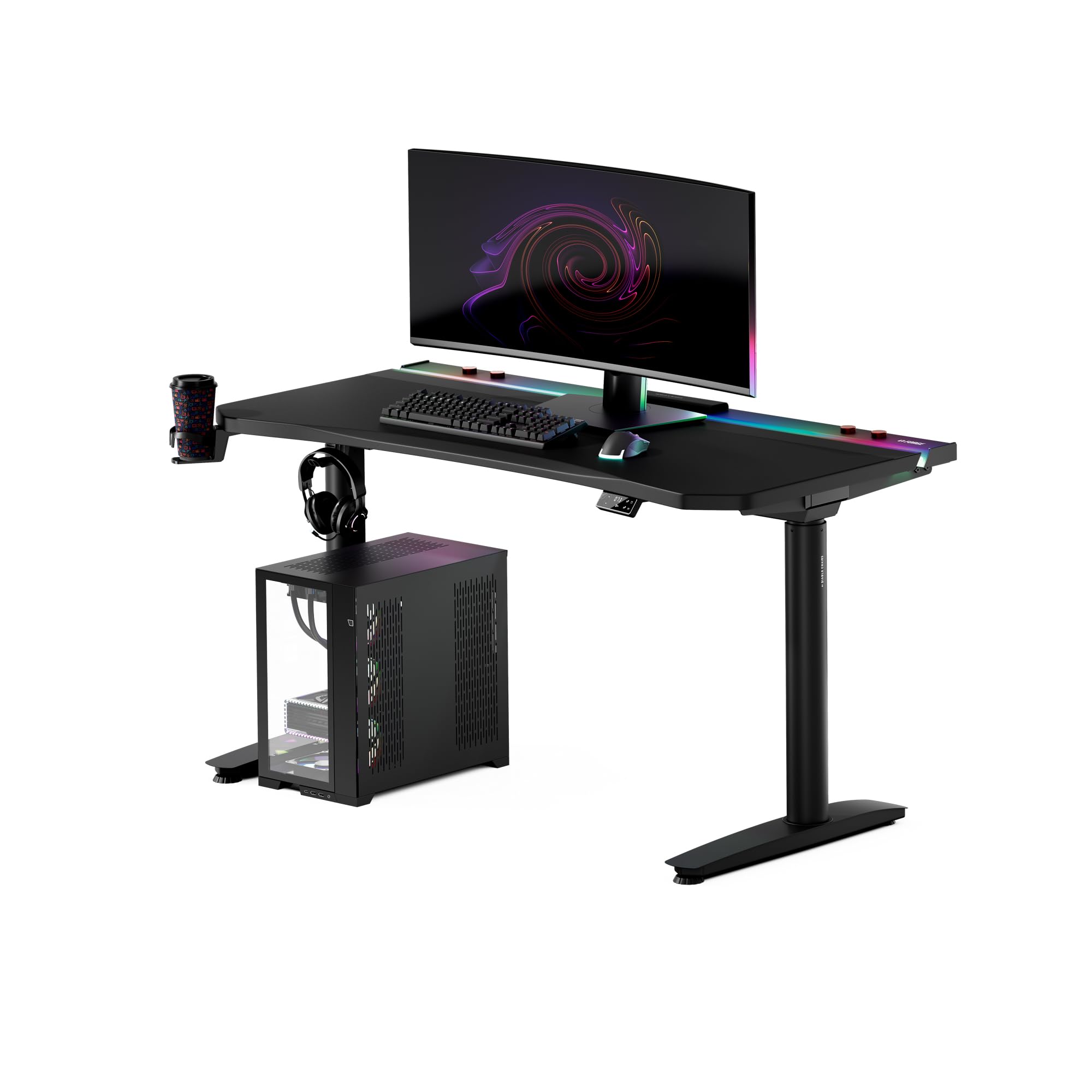 Diablo Gaming Schreibtisch höhenverstellbar Gaming Tisch RGB LED, 140x70 cm | Computertisch, PC Tisch elektrisch höhenverstellbar, Kabelmanagement, Headsethalter, Getränkehalter, ergonomische Tischplatte