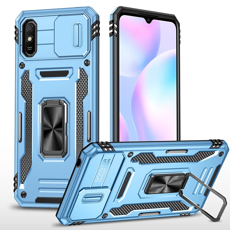 Image of Polycarbonate Slide Camera Cover with Ring Holder Mobile Phone Back Cover for Mi Redmi 9A /Redmi 9i (Blue)