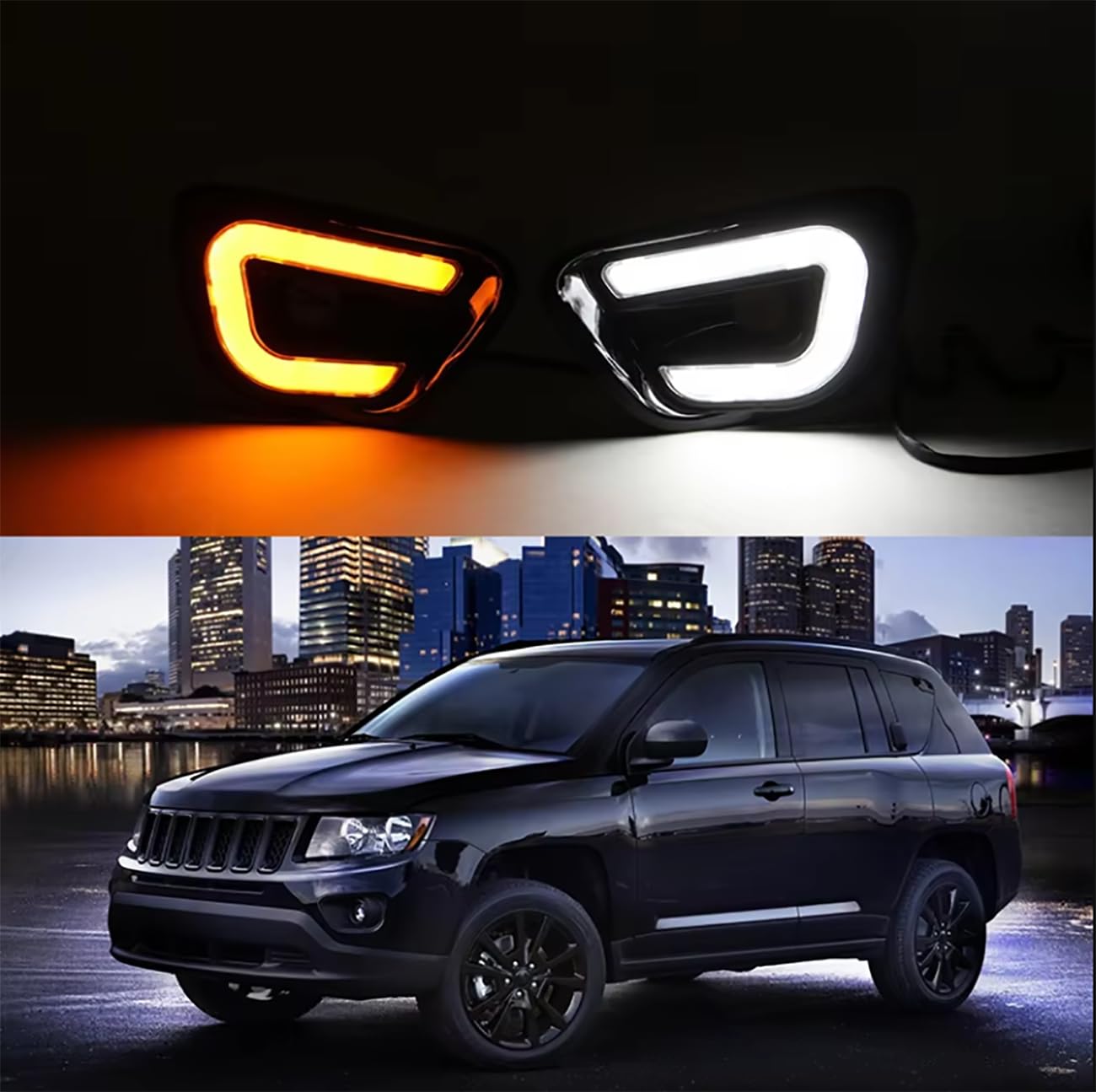 NZGZJYN LED Front Bumper Fog Lights For LED Daytime Running Light For Jeep Compass 2011 2012 2013 2014 2015 2016 DRL Day Light Fog Lights with Turn Light