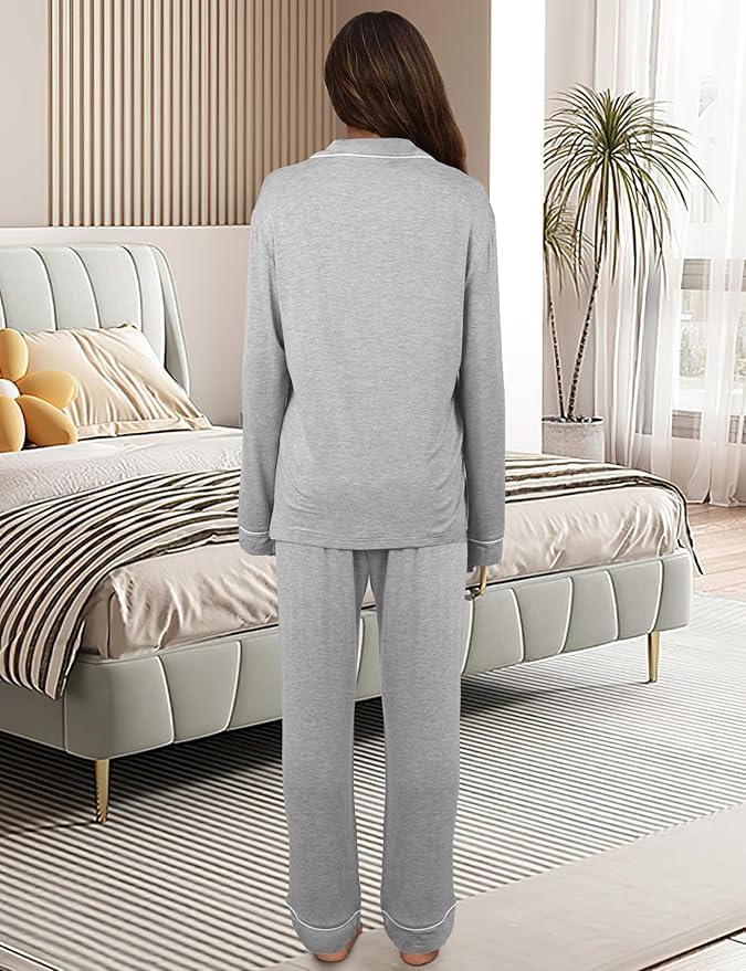 YOGINGO Women's Ultra Soft Pajama Sets - Breathable 92% Polyester Long Sleeve Button-Down Sleepwear with Elastic Waist - Image 6