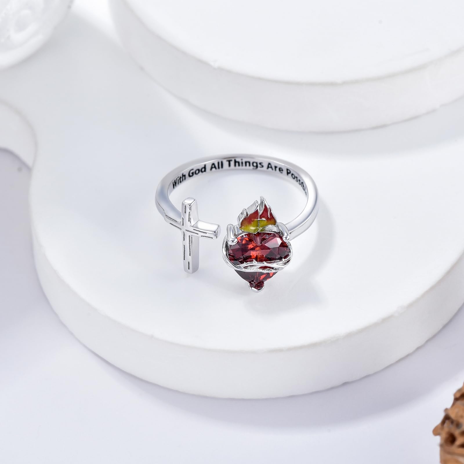 Anillo de corazón de plata de ley 925, anillo abierto ajustable de oro/negro/oro blanco, cruz de Jesús, anillos cristianos para mujeres y niñas, regalos de Navidad