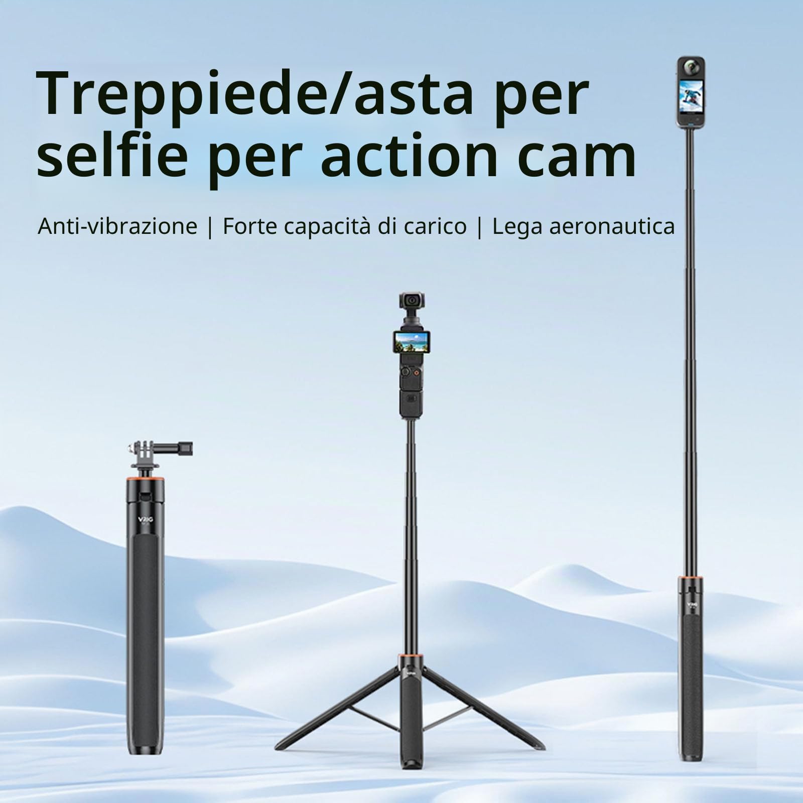 Treppiede estensibile per DJI OSMO Pocket 3/Action 4, lunghezza regolabile 138 cm, asta di estensione per Insta360 ONE X3/X2