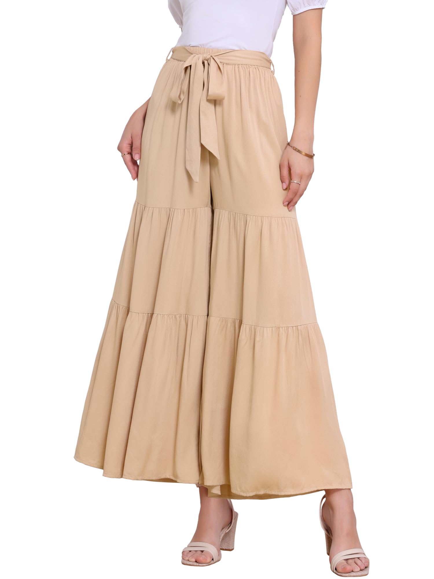 Allegra K Women's Boho Elastic High Waisted Ruffles Flare Palazzo Wide Leg Pants