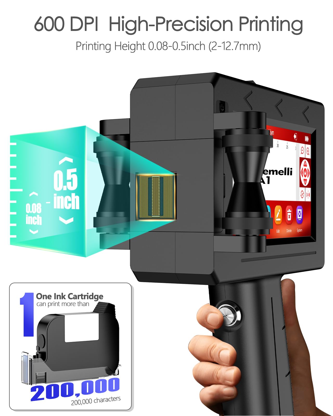 A1 Tragbarer Handdrucker,Hand Tintenstrahldrucker von Texten/Logos/QR-Codes/Strichcodes/Datum, Tintenstrahldruckerpistole Karton/Metall/Kunststoff/Keramik/Holz/Textilien,Druckhöhe: 2-12.7 mm