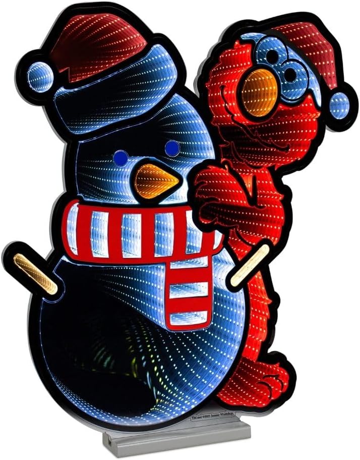 Sesame Street Elmo with Snowman Infinity Light by EKKOLIGHT, 23 Inch Plug-in Acrylic LED Decor, UL Certified