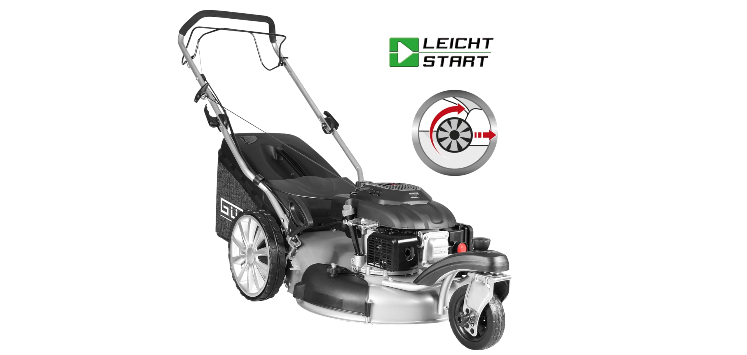 GÜDE Rasenmäher Benzin mit Antrieb Premium Big Wheeler Trike 515 D mit Radantrieb 4in1 | 4-Takt | 196ccm | 5,03PS | 51cm Schnittbreite | 65l Fangkorb | 6-Fach Schnitthöhenverstellung | Silber schwarz