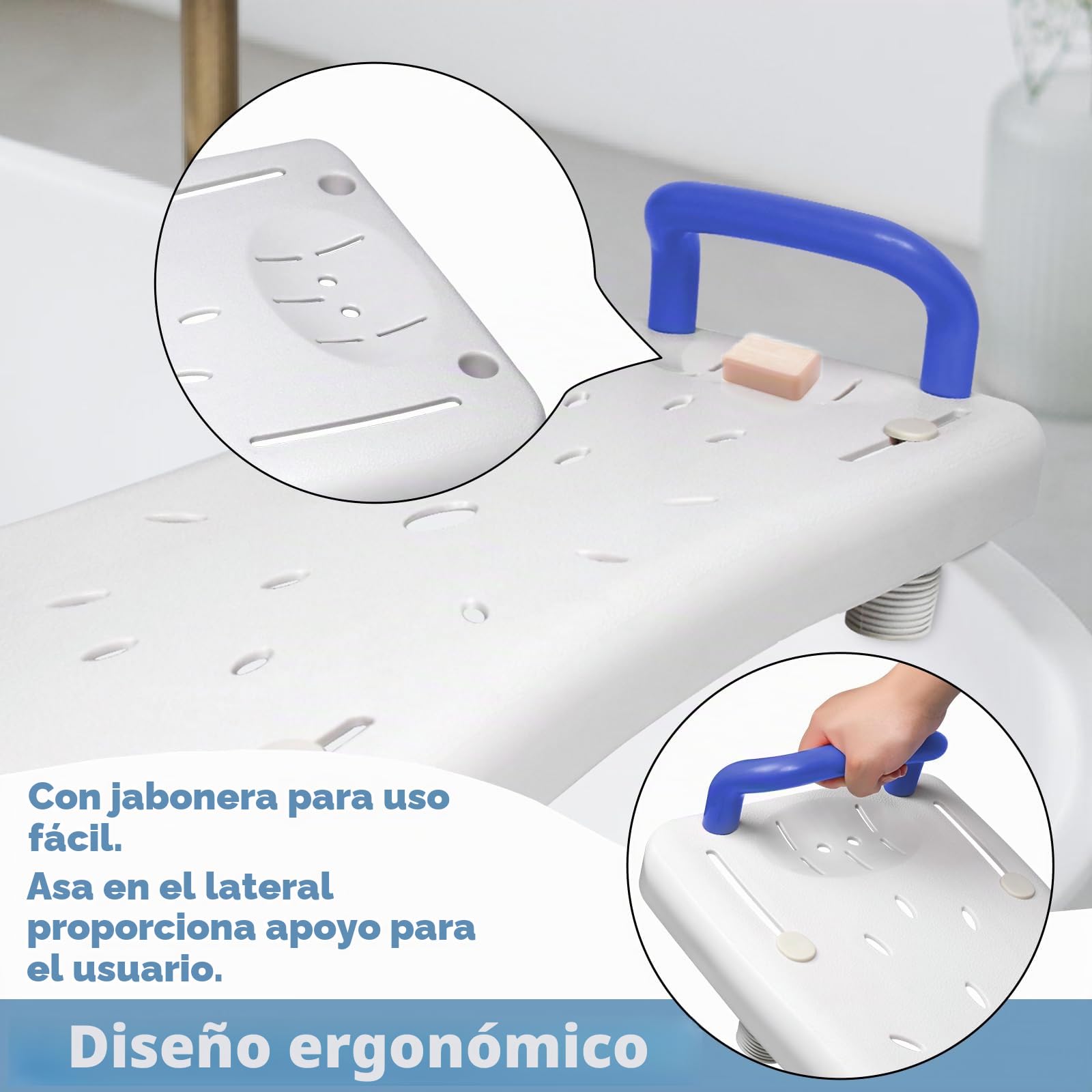 LARS360 Tabla de bañera con asiento para personas mayores, adultos, ajustable, tabla para sentarse, para bañera, silla para baño, máx. 150 kg, con mango azul, color blanco