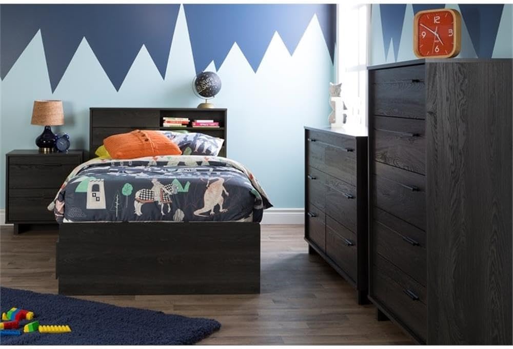 Pemberly Row Storage Bed and Bookcase Headboard Set, Gray Finish, Full Size Bed with 3 Storage Drawers, Sliding Door Bookcase Headboard, Rounded Corners, Kids or Teen Bedroom Furniture