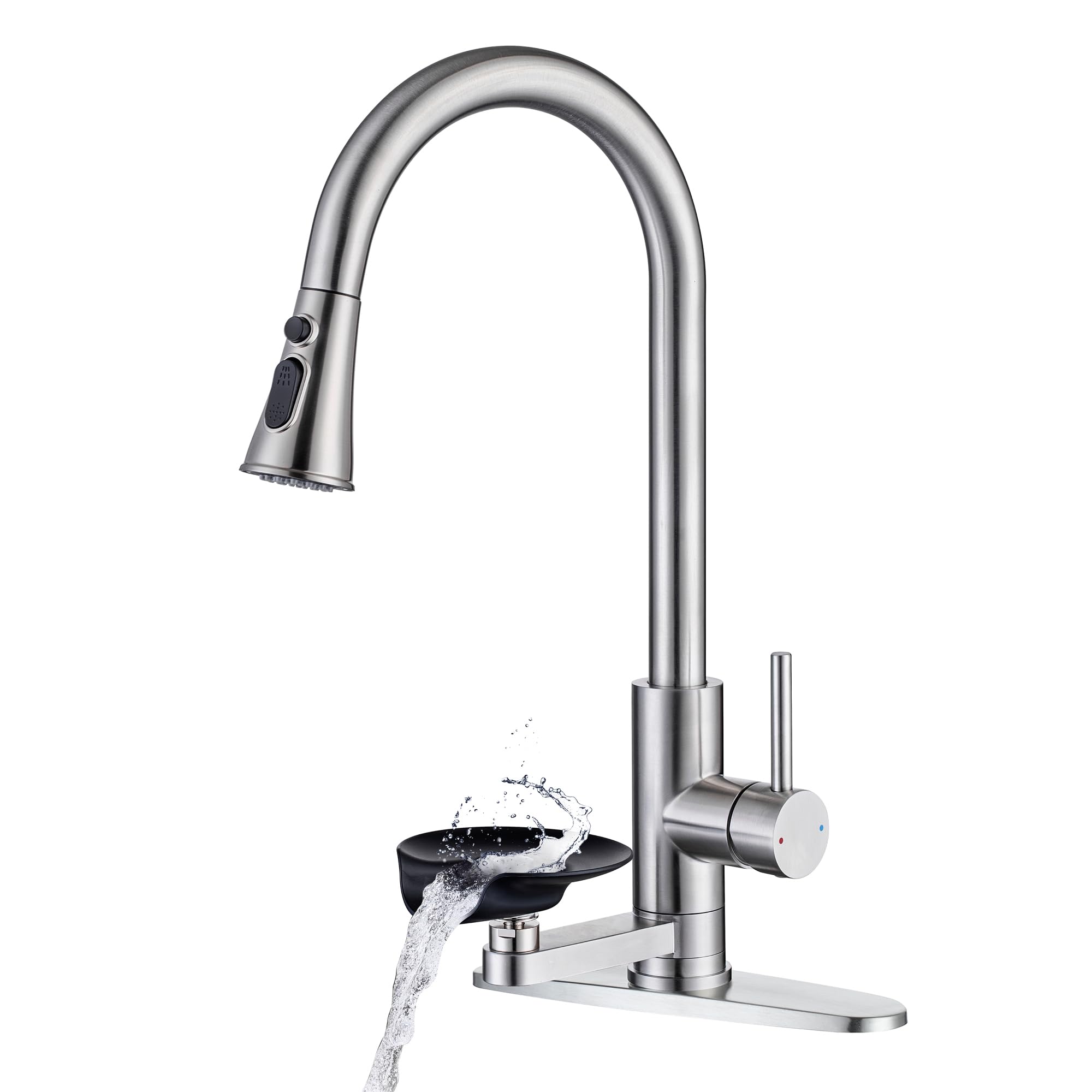 DEOLER Kitchen Tap with Glass Rinser Single Handle High Arc Kitchen Sink Faucet with Pull Out Sprayer, 1 or 3 Hole, 360° Swivel, Brushed Nickel