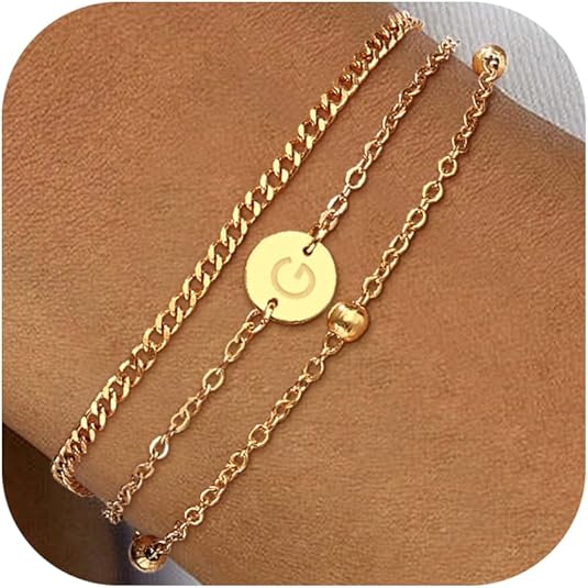 LDOWWGL A to Z Layered Initial Bracelet for Women - 18K Gold Plated on Stainless Steel Letter Charm Bracelet - Gold Jewelry Gifts for Birthday Christmas