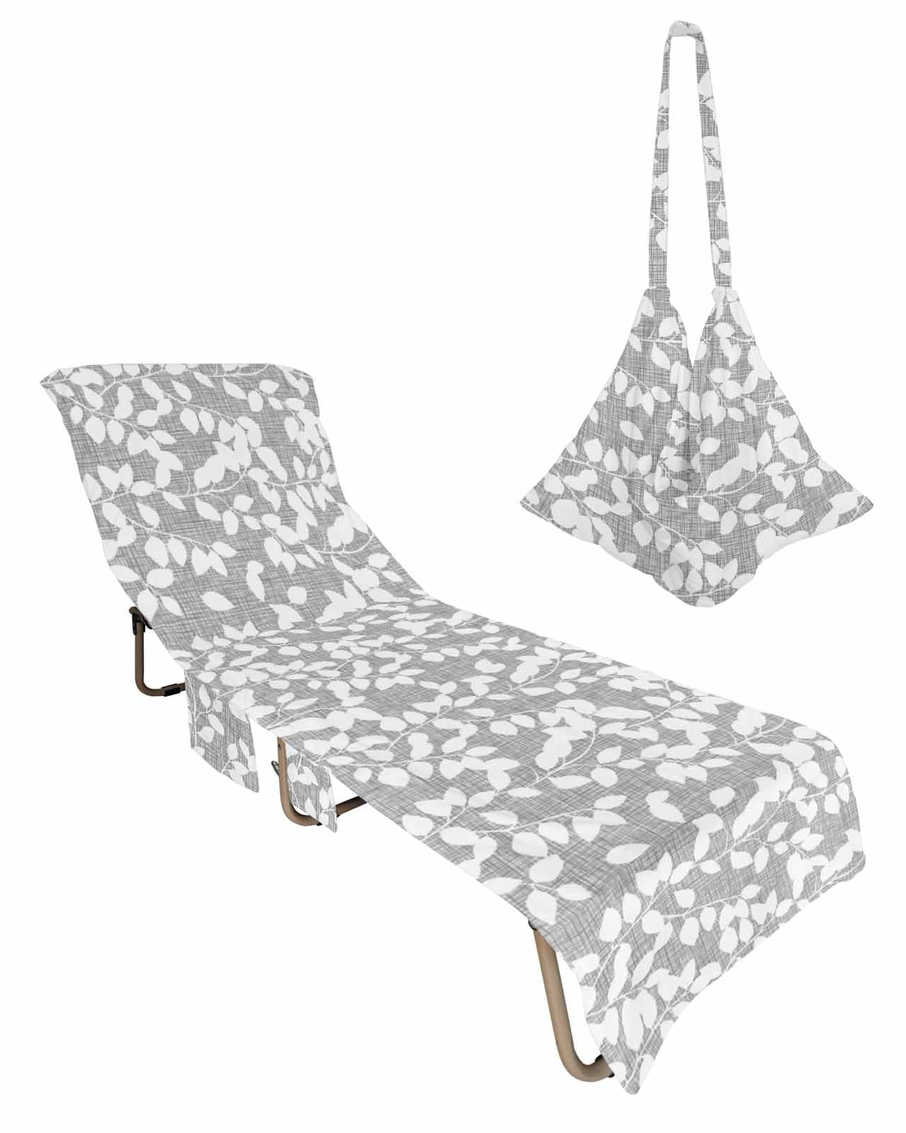 Grey White Botanical Beach Lounge Chair Towel Cover, Soft Chaise Lounge Towel with Side Pockets Patio Pool Chairs Cover for Beach/Pool Sunbathing 29x85 Pastoral Spring Floral Summer Art