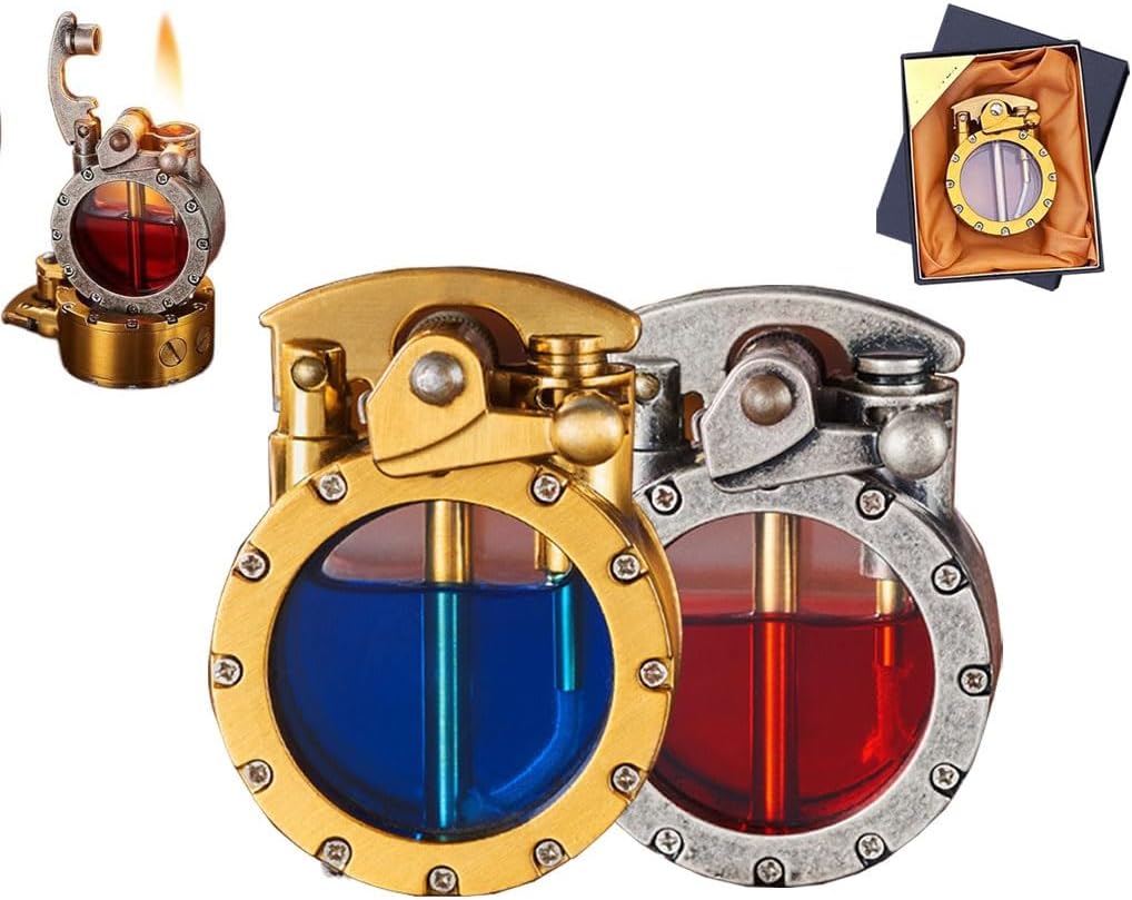 2-Pack Vintage Windproof Trench Transparent Kerosene Lighters, Men's Mechanical Punk Antique Collection Old-Fashioned Handmade Copper Lighters