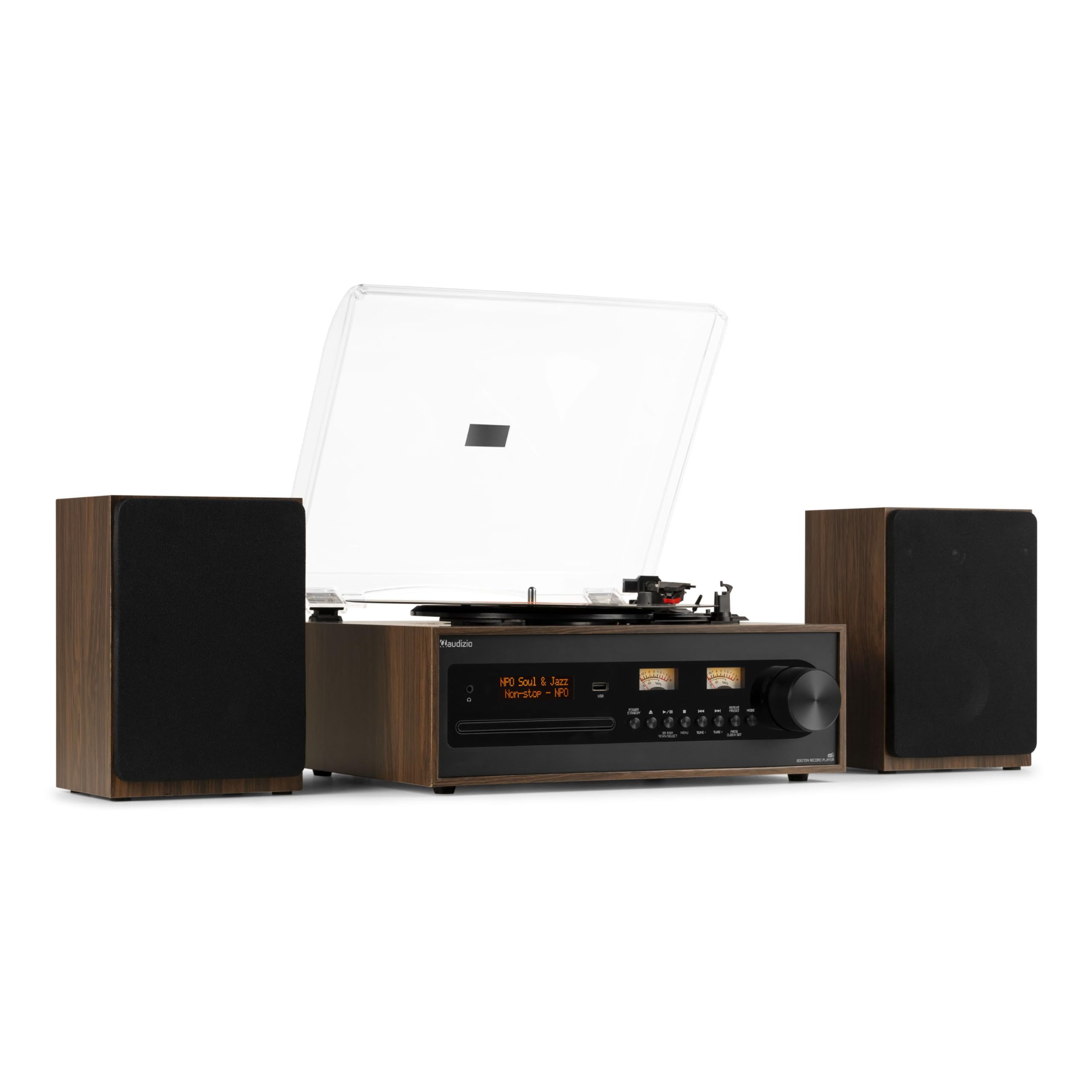 Audizio Boston - Plattenspieler mit Lautsprecher, CD-Player, DAB+ Radio, Schallplattenspieler Bluetooth & USB - Stilvolle HiFi-Anlage für Vinyl, Musik-Streaming & Radio - Riemenantrieb & Retro Design
