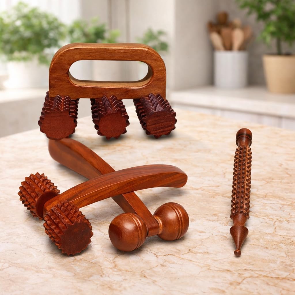 Wooden Acupressure Manual Massager Wooden Back, Neck, Face and Jimmy Therapy Combo Kit For Stress, Pain Relief (Set of 4)