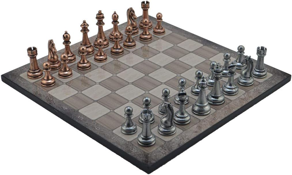 Classic Metal Chess Set for Adults Antique Copper Figures,Handmade Pieces and Different Design Wooden Chess Board King 2.75 inc (Platin Oak)