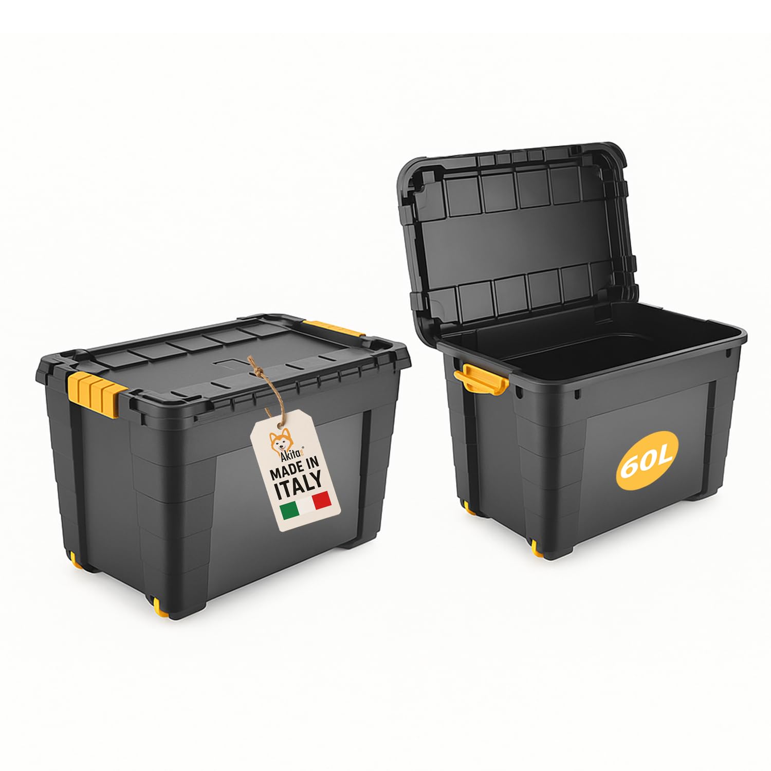 AKITAInk Contenitore Box con Ruote 60L e Coperchio - 39x36x59 cm - Magic 4 Aperture- Scatola Portaoggetti in Polipropilene Resistente, per Casa, Ufficio e Garage, Made in Italy (NERO, 60 L)