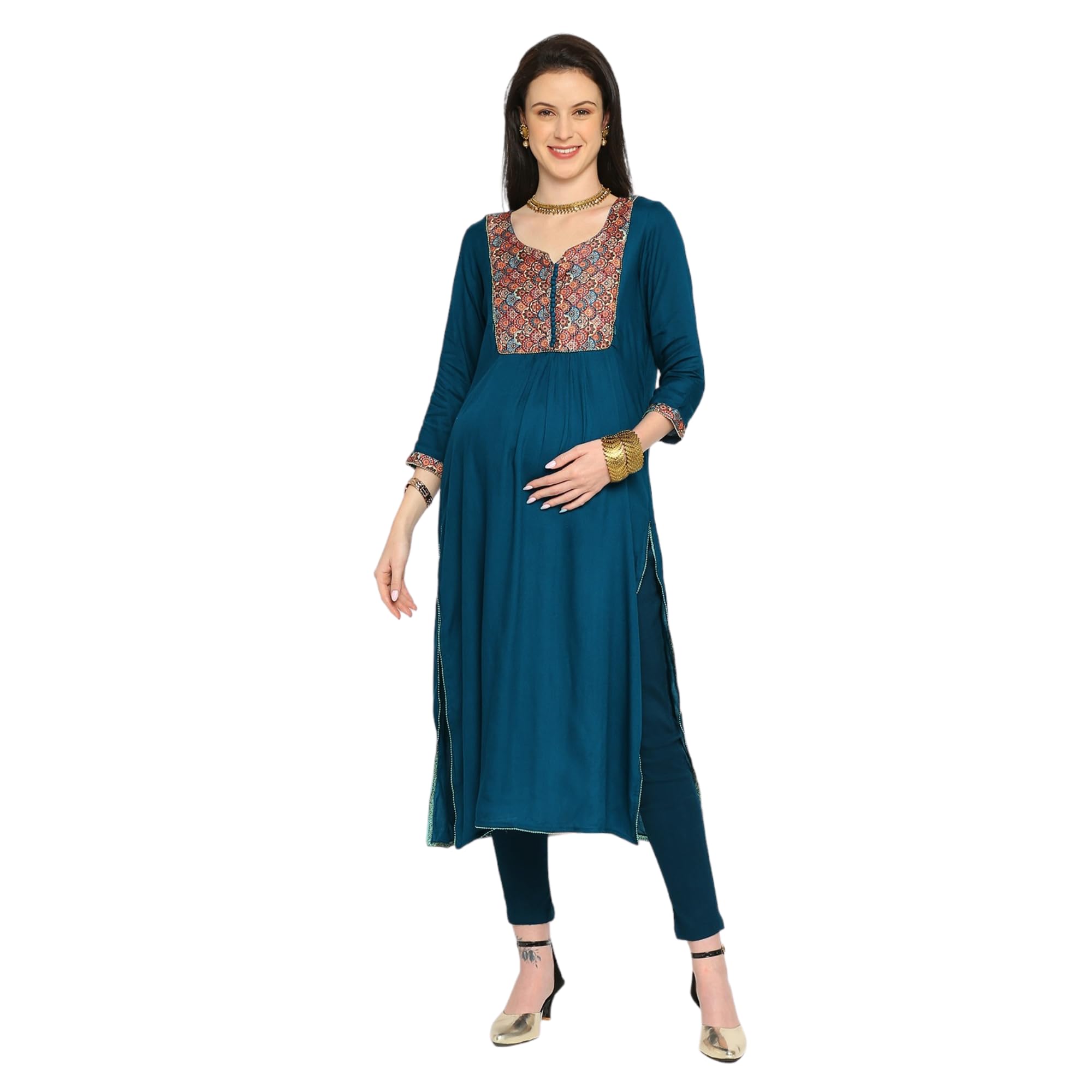 Rayon Solid Sleeve Maternity Kurta|Blue-picture-12