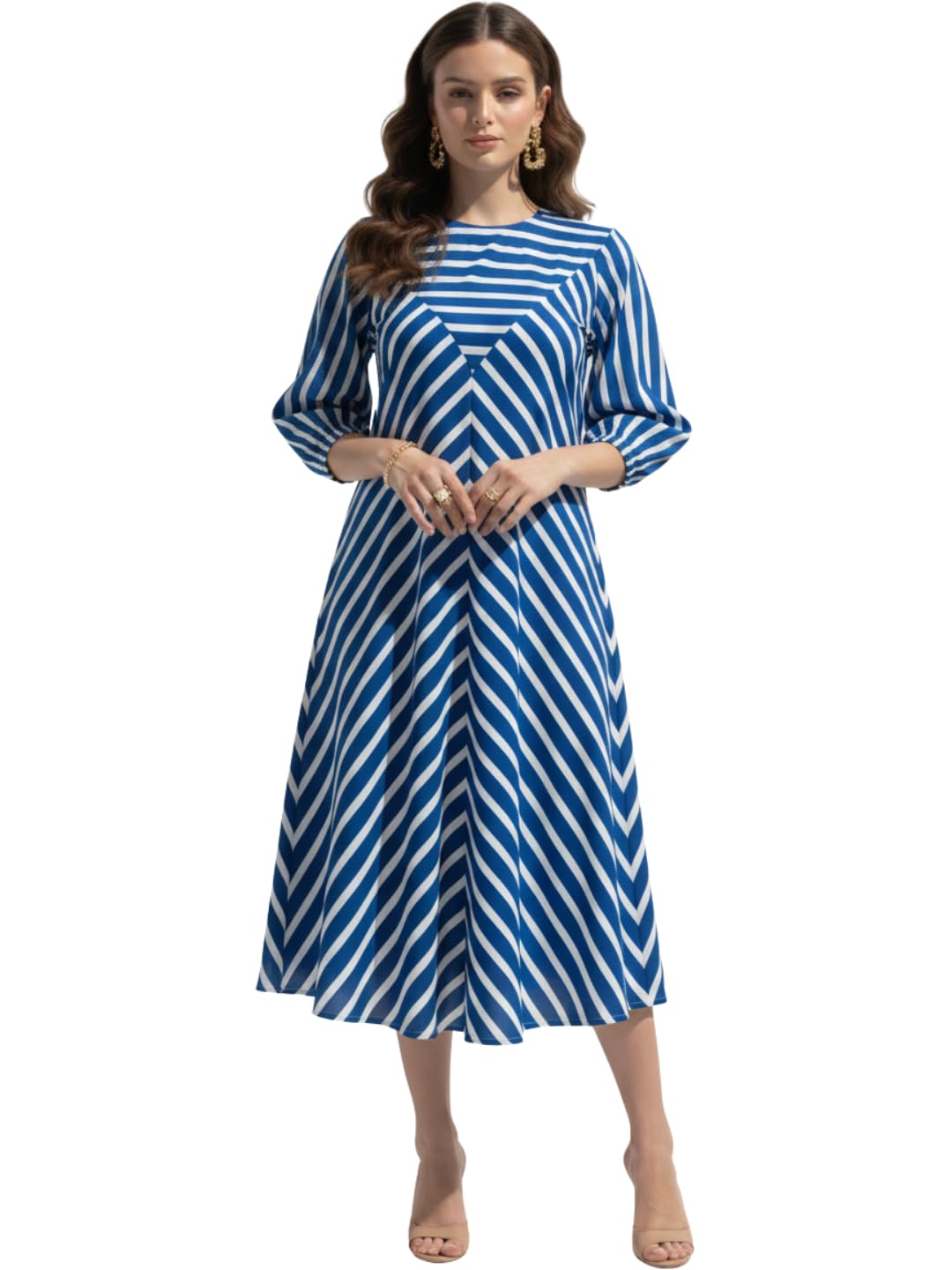 Dennis Lingo Women's Fuchsia & Pink Striped 100% Pure Cotton A-Line Maxi Dress | Round Neck, 3/4 Cuffed Sleeves, Side Pocket | Casual Day Wear, Vacation & Beach Wear in pink