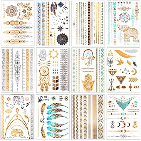 12 Sheets 110+ Metallic Temporary Tattoos for Adult Women Girls Tattoos Gold Silver Glitter Flash Waterproof Tattoo Stickers for Beach, Festivals, & Parties Cover