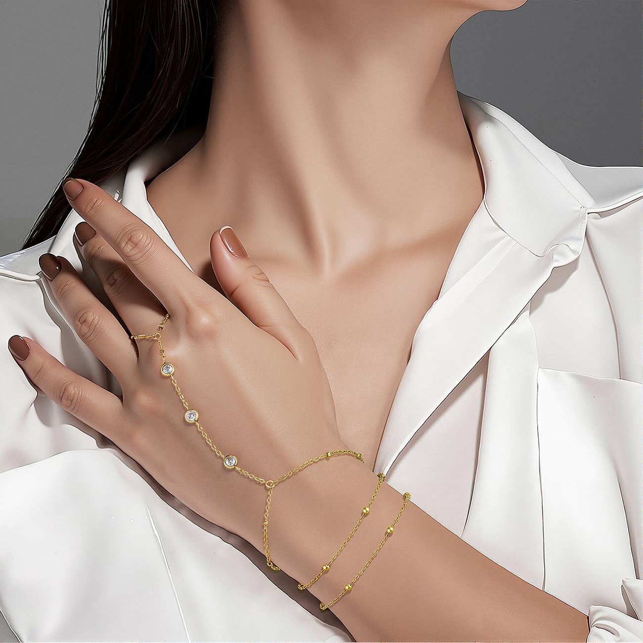 Emibele Gold Bracelets for Women, 18K Gold Plated Hand Chain, Cubic Zirconia Stainless Steel Non Tarnish Hand Chain Bracelet with Finger Ring, Adjustable Trendy Jewelry Valentines Day Gifts for Women - Image 2