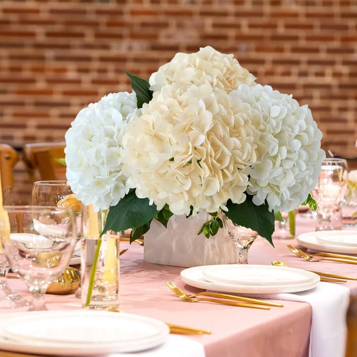 Boho Silk Hydrangea Artificial Flowers, 4Pcs 22" Large Lifelike Flowers,Artificial Hydrangeas for Indoor Bouquet Table Centerpieces Home（Cream/Yellow） - Image 4