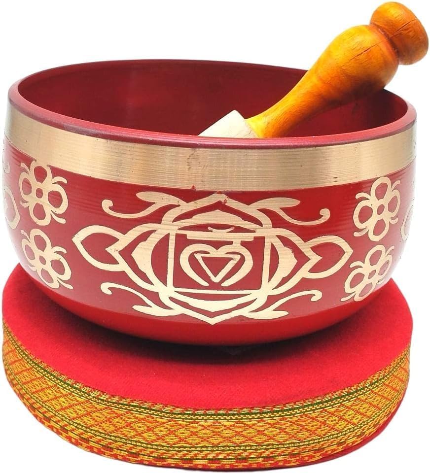 Tibetan Rot Singing Bowl Set mit Klöppel & Kissen - Handgefertigte Klangschale für Meditation, Klangtherapie, Yoga spirituelle Praktiken | Geschenkbox aus Lokta-Papier Mit Kajal