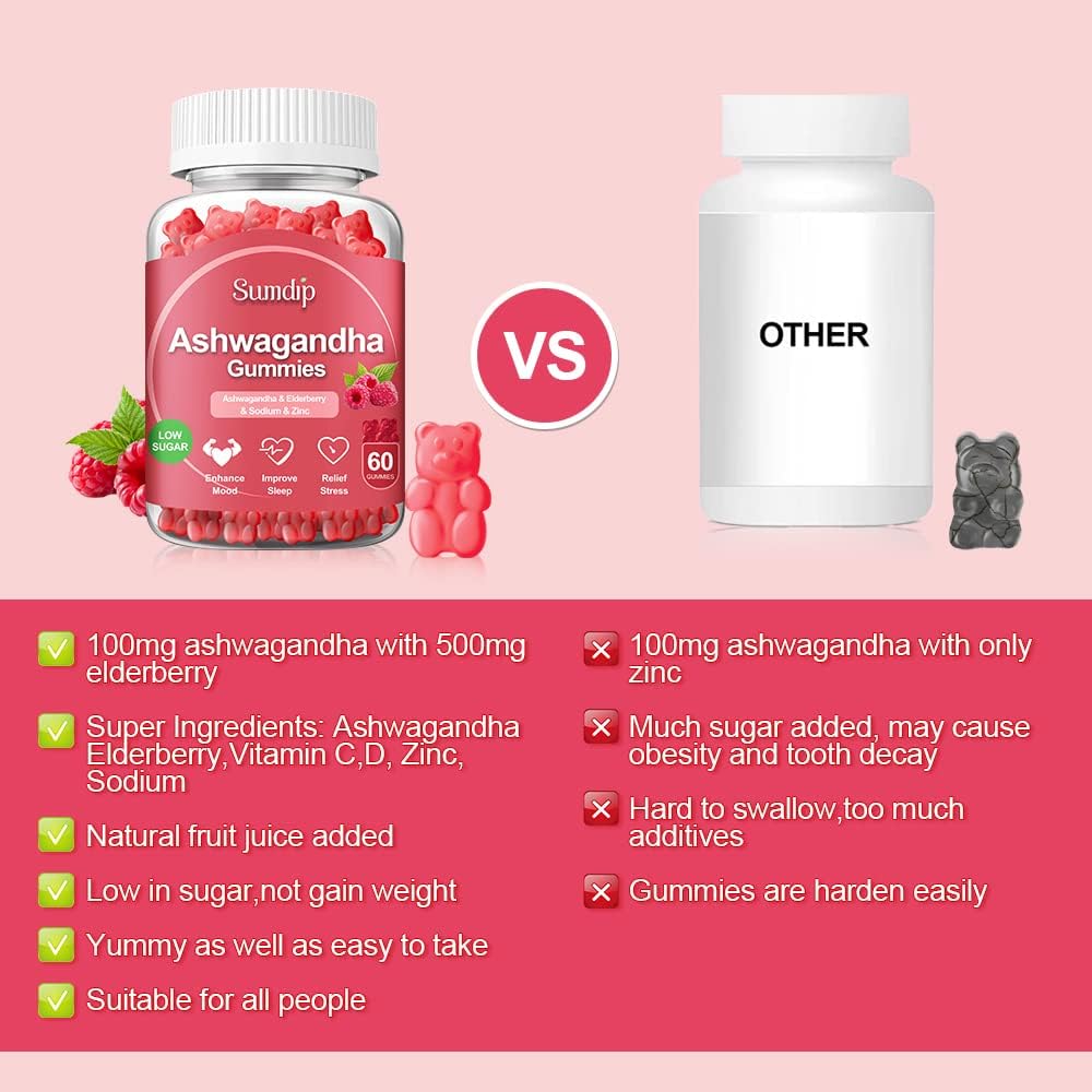 Ashwagandha Gummies for Women and Men, Ashwagandha Supplement, Sleep&Mood, Energy Support with Ashwagandha Root Extract, Elderberry, Zinc, Vitamin C D Low Sugar-60 Gummies