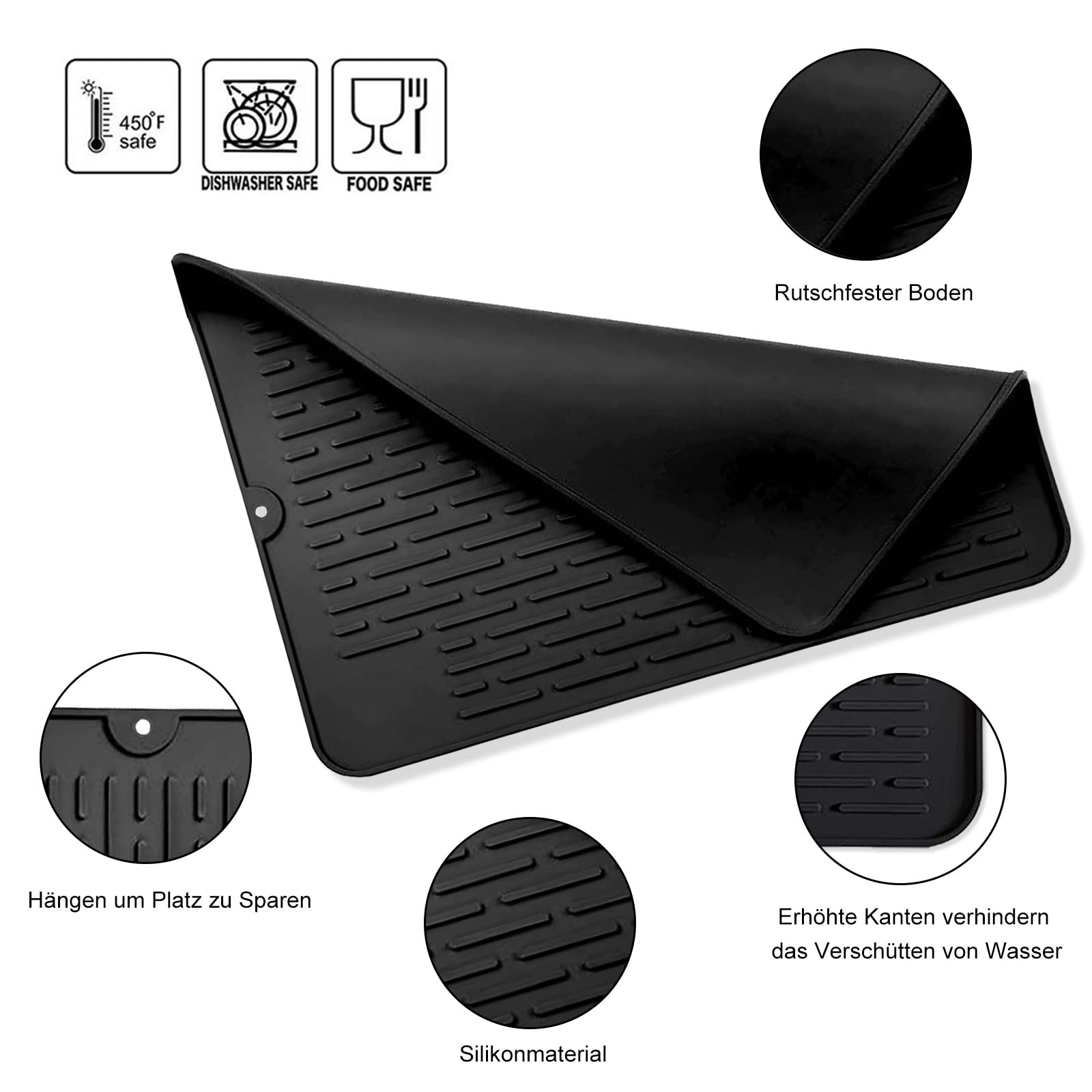 Tappetino scolapiatti da cucina, griglia scolapiatti in silicone nero (44 x 20 cm), scolapiatti antiscivolo, resistente al calore e lavabile in lavastoviglie, per riporre posate e stoviglie