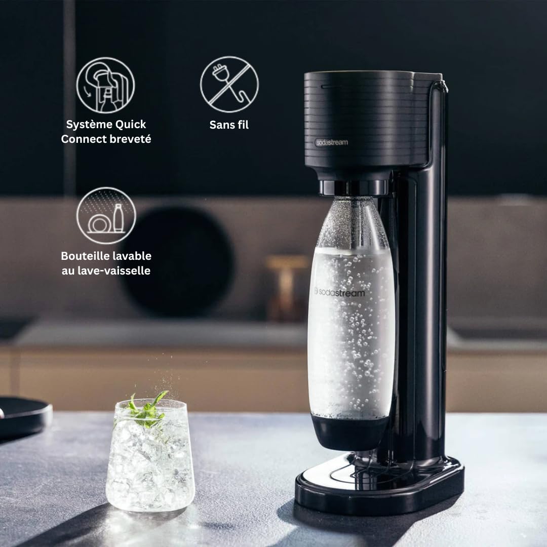 Sodastream GAIA Machine à Eau Pétillante et Soda | Pack 1 Bouteille 1L + 1 Bouteille 0,5L Compatibles Lave-Vaisselle + 1 Recharge de Gaz 60L à Clipser | Noire