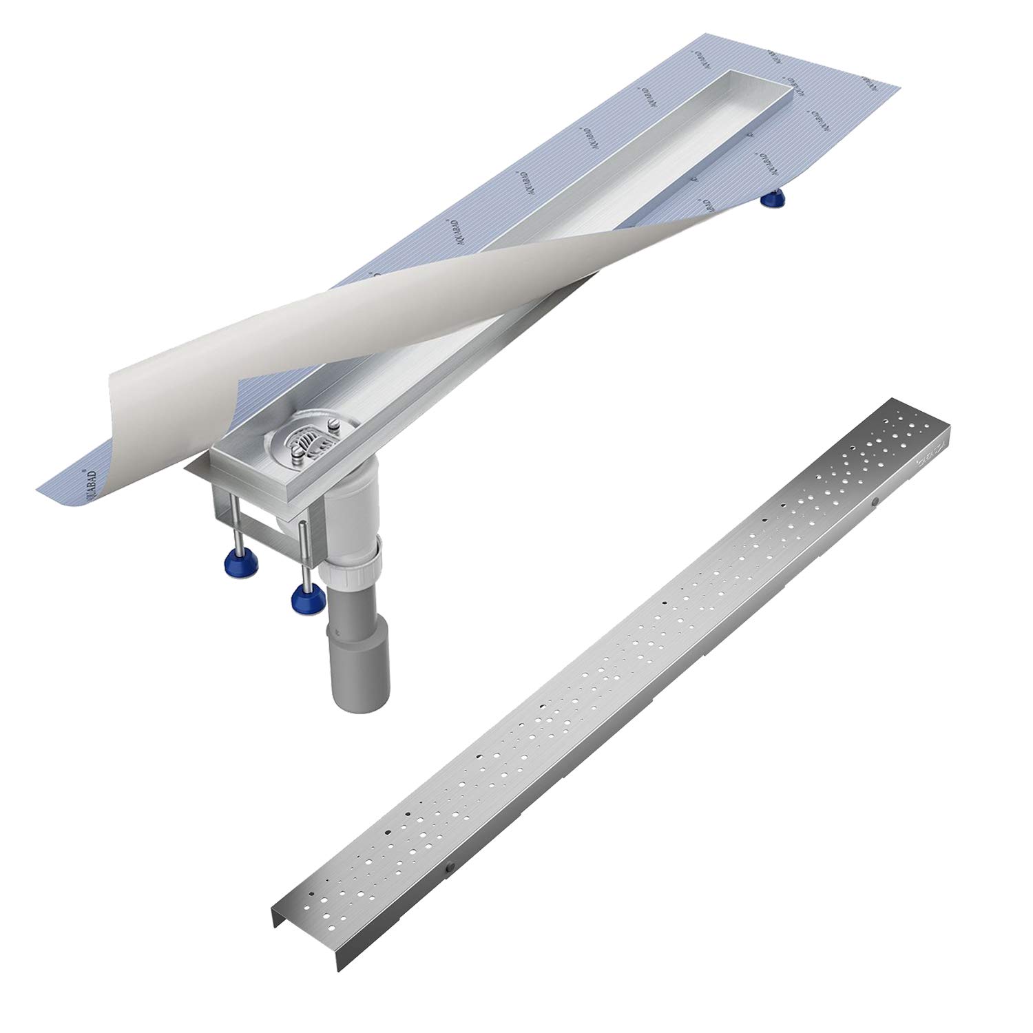 Aquabad SDS Pro odpływ liniowy ze stali nierdzewnej z syfonem | Rozmiar: 90 cm | Odprowadzenie wody: pionowo w dół | Umiejscowienie syfonu: na boku odpływu | Wzór: kółka | Made in Germany