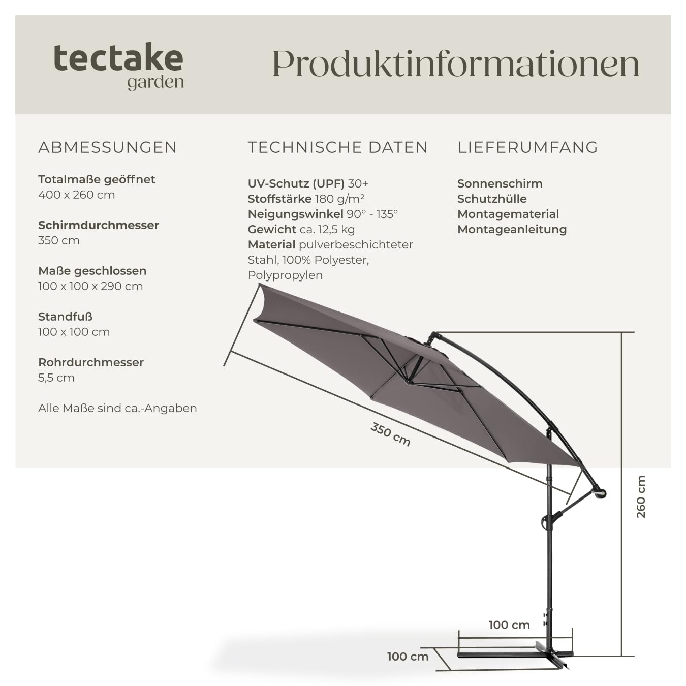 tectake Sonnenschirm mit Ständer, Ø 350 cm, Sonnenschutz für Balkon, Garten und Terrasse inkl. Schutzhülle, Ampelschirm groß mit Kurbel-Seilsystem, Schirm mit stabilem Gestell - grau