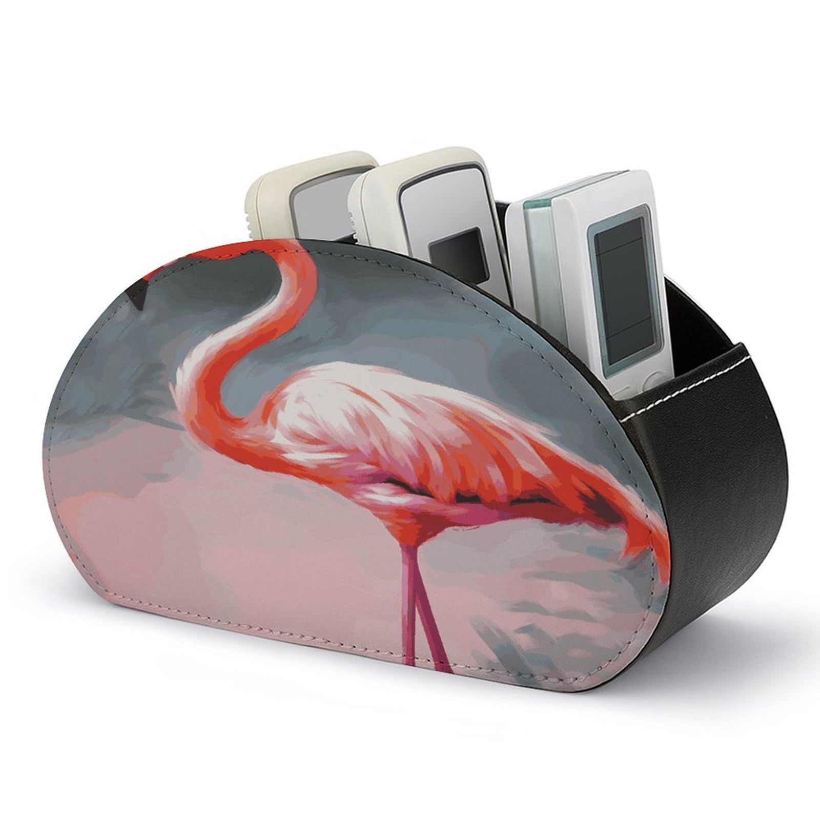 LDGSUPH Painting Flamingo Remote Control Holder with 5 Compartments PU Leather TV Remote Caddy Storage Box Multi-functional Desk Storage Organizer Box Anti-slip Desktop Caddy