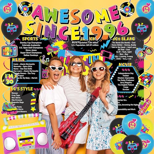 Image of Crenics 1996 30th Birthday Decorations for Him Her | Back in 1996 Backdrop, Awesome Since 1996 Banner, Swirls, Centerpieces and Balloons for 30 Birthday Party Supplies
