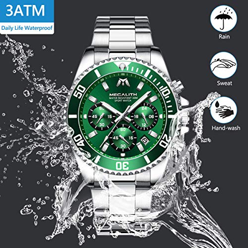 Megalith Mens Watches With Stainless Steel Waterproof Analog Quartz Fashion Business Chronograph Green Watch For Men, Auto Date #TOP6