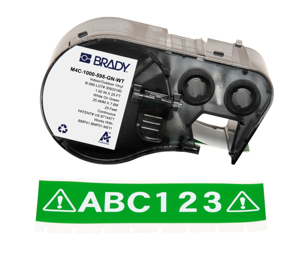 Brady Authentic (M4C-1000-595-GN-WT) All-Weather Permanent Adhesive Vinyl Labels 1 in W x 25ft White on Green. for use with BMP41, BMP51, M410, M510,