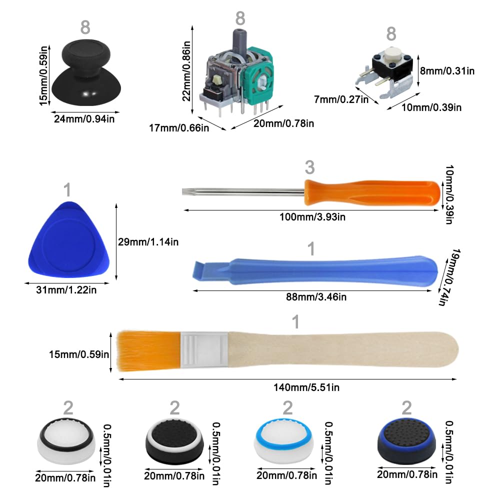 Kit de piezas de repuesto de 38 piezas de joysticks, botones de parachoques de  para pulgares, palillos de repuesto, silicona para sombrero, cepillo, cubiertas de sombrero, 8 unidades cada una 2