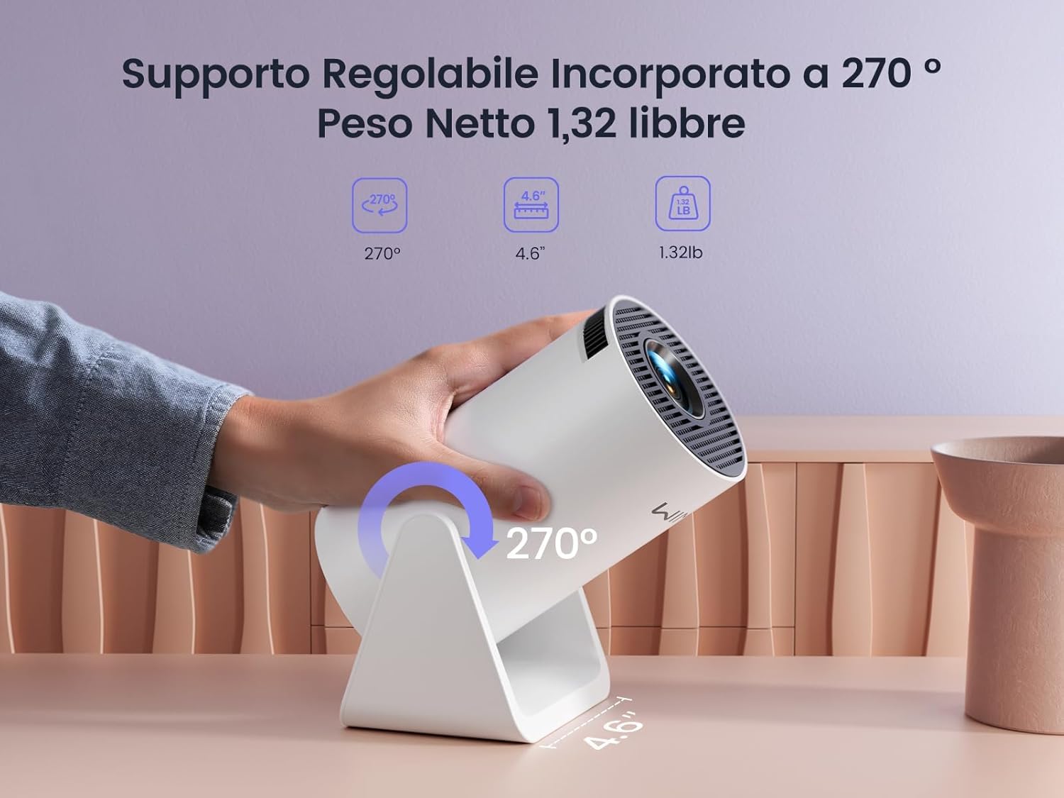 Mini Proiettore【Auto Keystone & Correzione Automatica】18000 Lumen da 40 a 200’’, WiFi Bluetooth 1080P Full HD, Proiettore Soffitto 270° Ruotabile, Proiettore da Esterno, Zoom/HDMI/USB/Uscita Audio 3,5