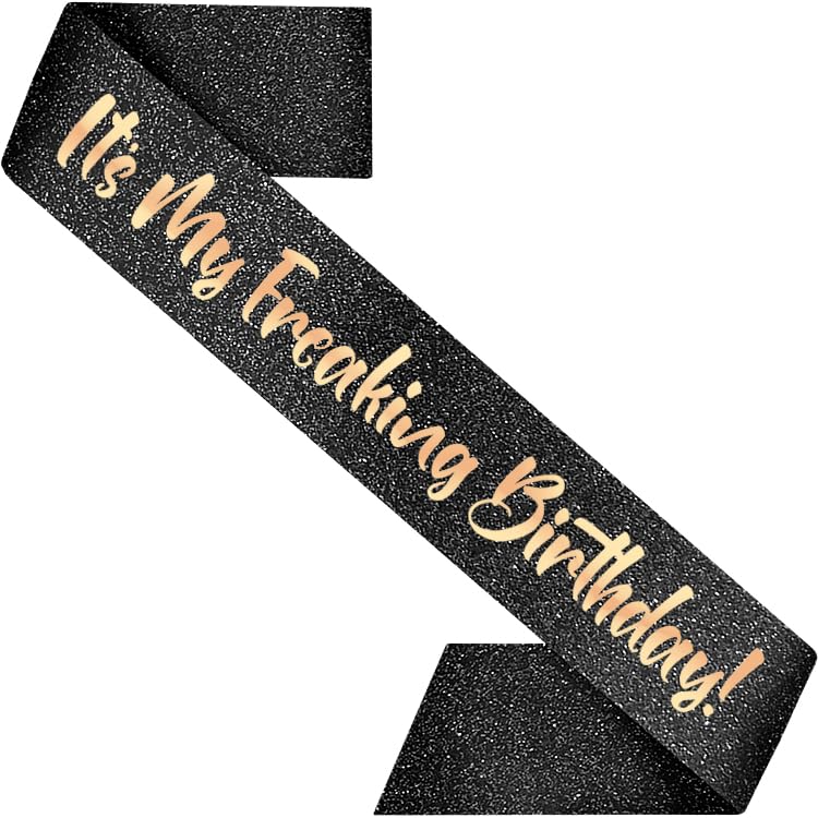 PartyForever Bandoulière anniversaire femme noir 32" "C'est ma fête" lettres or rosé