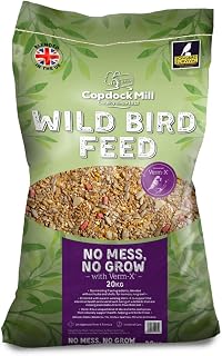 Copdock Mill No Grow, No Mess Wild Bird Seed with Verm-X 20kg – No Grow Bird Seed with Added Natural Supplements for Healthy Wild Birds – Includes Peanuts, Sunflowers, Wheat, Maize and Verm-X