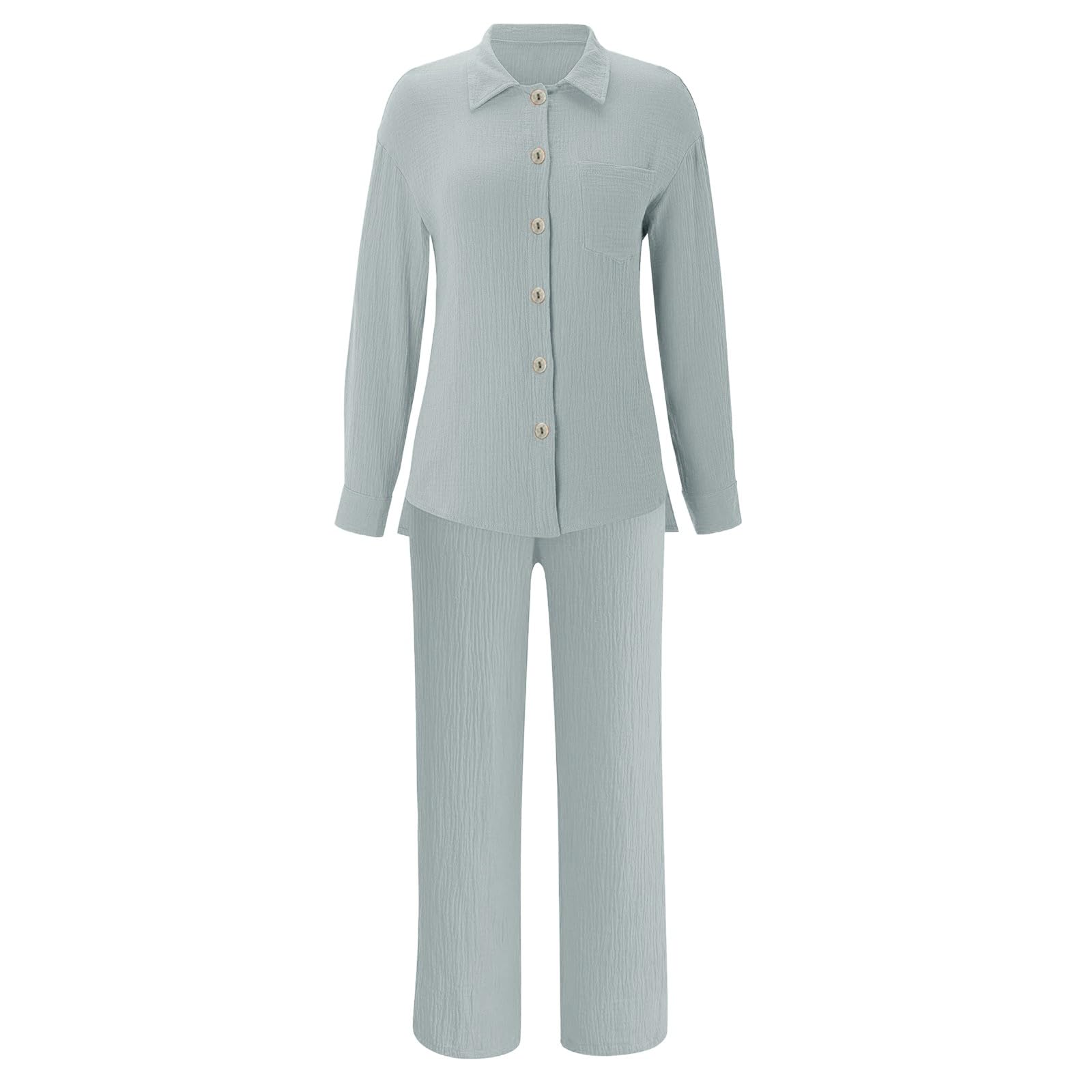 Leinen Set Damen Zweiteiler Musselin Hosenanzüge Elegant Langarm Top Und Hose 2 Teiler Leinen Baumwolle Freizeitanzug Casual Leicht Anzug Loungewear Set