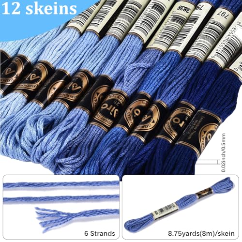 Image of 105 Yards 12 Skeins Gradient 6 Strands Marine Blue Cross Stitch Thread Polyester Variegated Embroidery Floss Friendship Bracelet String Assorted Bulk for Hand Sewing Making Knitting Supply
