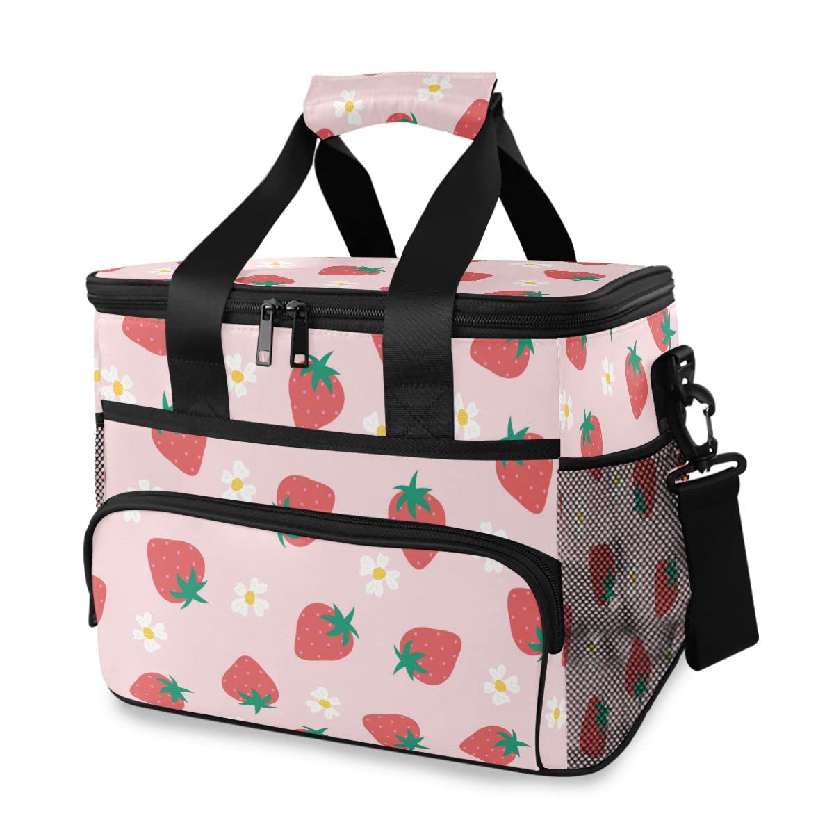 Bolsa de picnic de 15 litros, 24 latas, con aislamiento de fresas brillantes, para viajes, camping, barbacoa, actividades al aire libre, asas, correa para el hombro